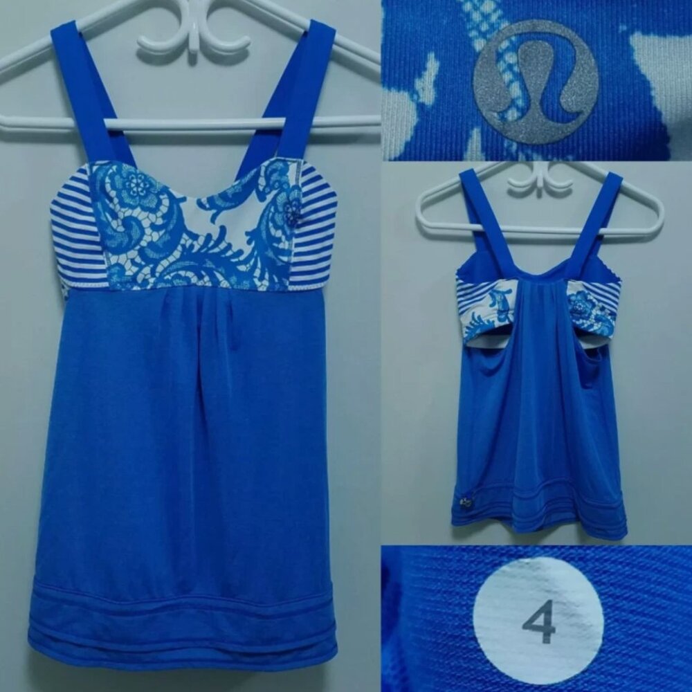 Lululemon Back On Track 4 XS Womans Tank Top Beaming Blue Stripe Run Cream Polar